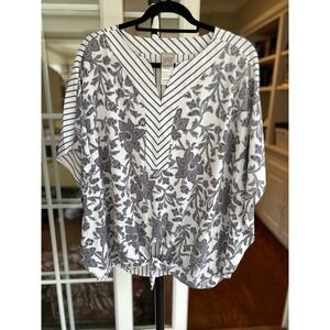 Chicos Sz 3 Poncho Blouse Tie Front High Low Hem V Neck Black White Floral Strip